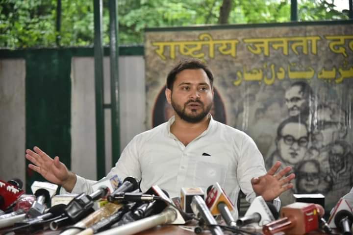 Tejashawi Yadav during a press conference in Patna. Courtesy: FB