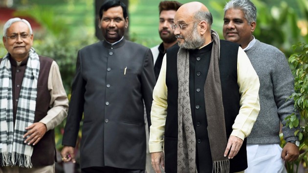 Chief Minister Nitish Kumar, Union Home Minister Amit Shah, Union Food Minister Ram Vilas Paswan, BJP Bihar in charge Bhupendra Yadav and LJP Chief Chirag Paswan ( File photo , Courtesy : The Telegraph/PTI)