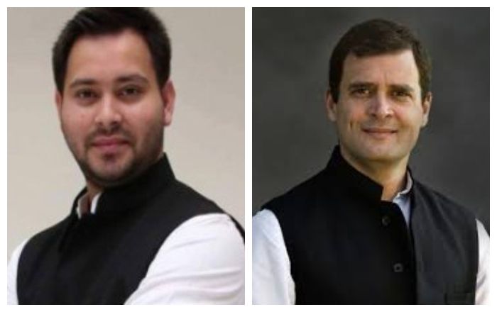 Even as Congress and RJD appear to be on collision course over seat sharing arrangements, the mutual understanding between the top leadership of both the parties is expected to prevail eventually. (File photo of RJD leader Tejashwi Yadav and former Congress president Rahul Gandhi, Image Courtesy: Twitter)
