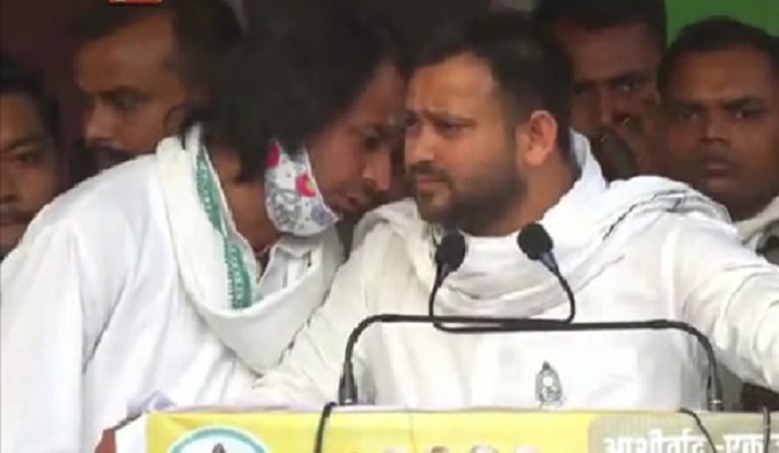Grand Alliance chief ministerial candidate Tejashwi Yadav addressing a election rally for his brother Tej Pratap Yadav at Hasanpur in Vaishali district.