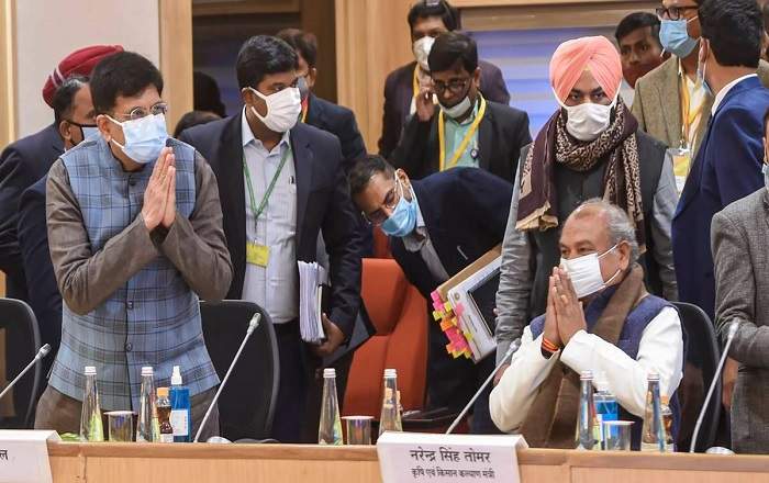 Union Agriculture Minister Narendra Singh Tomar (R) and Railway Minister Piyush Goyal during the Government-farmers talks held on Wednesday (File Photo, Image credit: The Indian Express)