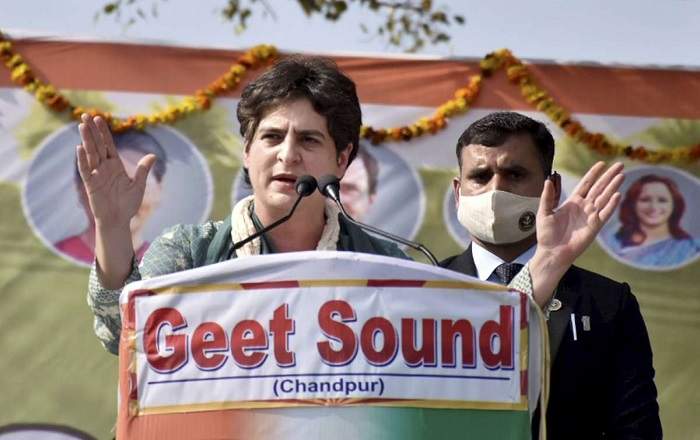 Congress leader Priyanka Gandhi addressing a Mahapanchayat in Uttar Pradesh (Image credit: India TV News)