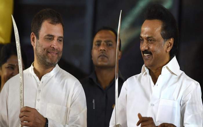 Congress leader Rahul Gandhi and DMK leader M K Stalin (Image credit: Scroll.in)
