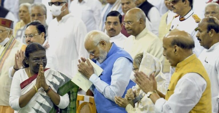 Prime Minister Narendra Moidi and other dignitaries sharing greeting with President Droupadi Murmu as she officially took charge. (Image courtesy: PIB)