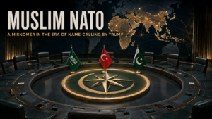 Editorial illustration titled “Muslim NATO” showing the flags of Saudi Arabia, Türkiye and Pakistan around a circular defence council table beneath a glowing geopolitical map. Subtitle: “A Misnomer in the Era Name-Calling by Trump.”