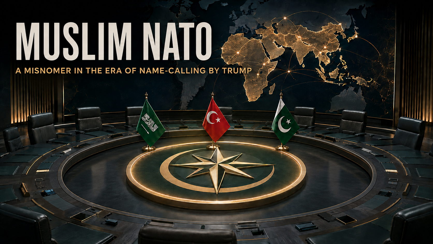 Editorial illustration titled “Muslim NATO” showing the flags of Saudi Arabia, Türkiye and Pakistan around a circular defence council table beneath a glowing geopolitical map. Subtitle: “A Misnomer in the Era Name-Calling by Trump.”